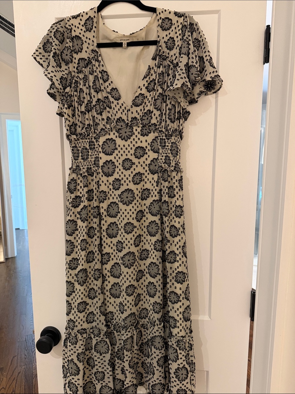 Max Studio Cream Midi Dress with Black Floral Print